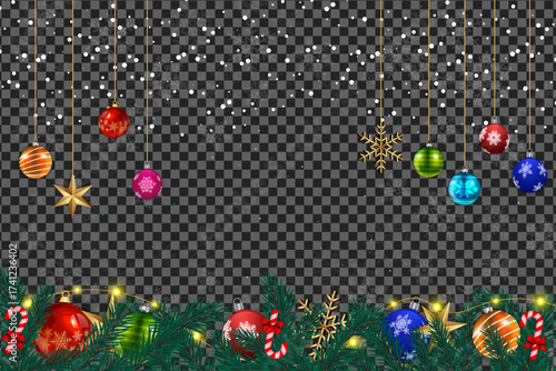 Colorful Christmas ornaments and snowflakes are falling against a transparent background, creating a festive scene