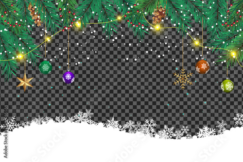 Colorful ornamentals and lights hang above snowdrifts on spruce branches over transparent background