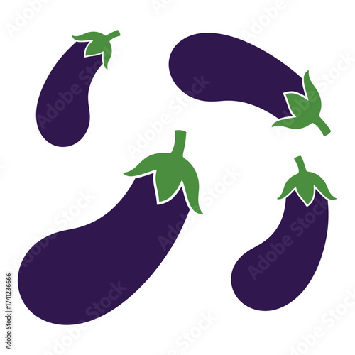 Collection of four purple eggplants with green stems isolated on for healthy eating and recipes silhouette