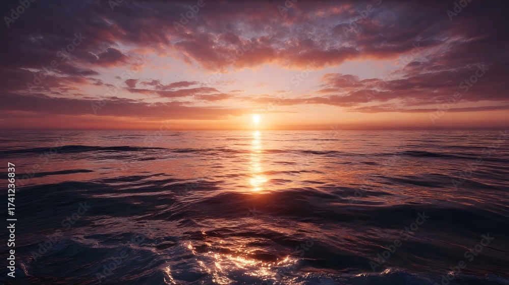 Obraz premium Golden sunset over calm ocean waves with vibrant sky and water reflection