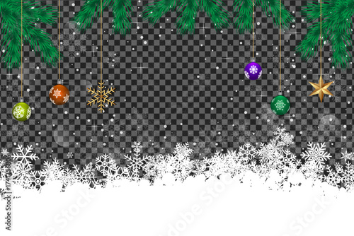 Hanging Christmas ornaments and snowflakes adorn pine boughs against a transparent checkered background