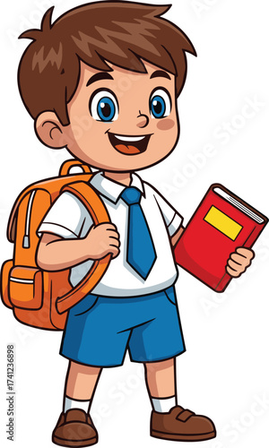 Cute cartoon schoolboy holding red book and backpack, happy student illustration, back to school education concept, learning and study design