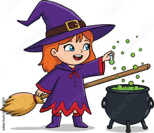 Cute little witch brewing potion, Halloween character illustration, magical cauldron with green bubbles, cartoon fantasy art, festive holiday design