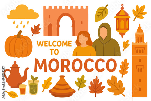 Flat Design Autumn Morocco Culture Icon Set