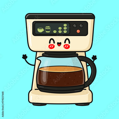 Cute coffee maker cartoon character waving happy