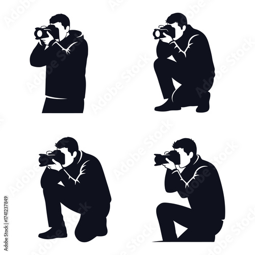 Four silhouettes of photographers capturing moments in various poses holding cameras professional photography equipment silhouette