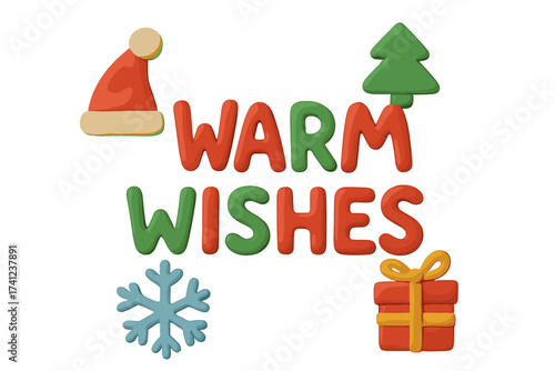Warm Wishes clay lettering for Christmas and New Year. Festive holiday greeting with 3D plasticine letters, Santa hat, tree, snowflake and gift. Handmade style typography.