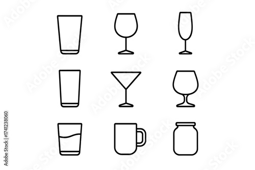 Glassware line icon set. Vector collection of drink and beverage glasses. Includes wine, cocktail, water, mug, and jar. Editable stroke symbols for bar, menu, web design.