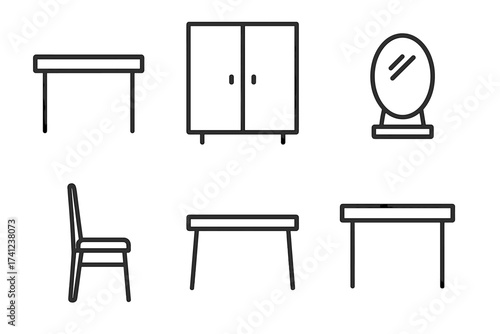 Furniture line icon set. Table, chair, closet, mirror icons. Editable stroke vector pictogram collection for interior design, app, web, and print. Minimal outline symbols.