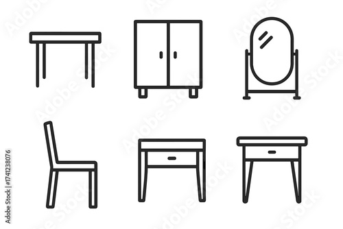 Furniture line icon set. Home interior objects collection with table, chair, closet, mirror, nightstand. Minimal linear pictogram for web, app, UI, UX design. Editable stroke.