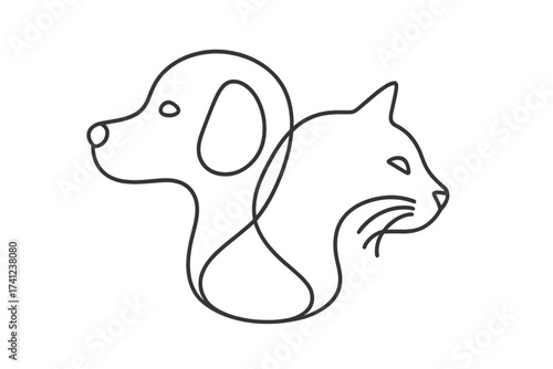 Continuous one line drawing of a cat and dog. Vector icon for pet shop, veterinary clinic, animal shelter. Animal friendship, care, love concept. Minimalist pets logo design.