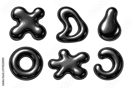 Set of 3D dark chrome liquid shapes in y2k style. Collection of realistic metal silver melt fluid forms. Abstract futuristic aesthetic bubble elements for graphic design. 3D render.