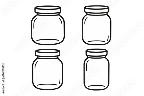 Set of glass jar line icons. Empty mason jars collection for canning, preserving, and storage. Vector illustration pack of various container shapes. Isolated outline graphic element.