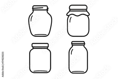 Glass jar line icon set. Vector outline collection of empty containers for jam, honey, and preserves. Simple minimalist pictogram for canning, food storage, and packaging.