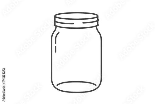 Glass mason jar outline icon for canning and preserves. Empty kitchen storage container for homemade food. Simple line art vector illustration for DIY crafts and preservation.