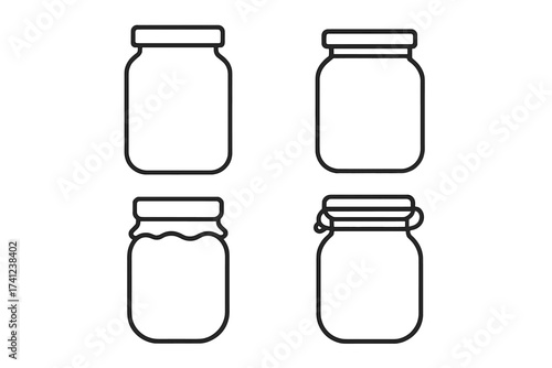 Glass jar icon set line art. Vector collection of empty jars for jam, honey, preserves, and canning. Minimalist outline clipart symbol for kitchen storage. Isolated illustration.