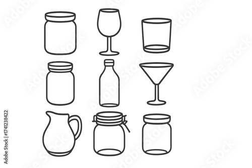 Glassware line icon set. Vector kitchen and bar drinkware collection. Includes glass, jar, bottle, wineglass, cocktail and tumbler icons. Editable stroke outline symbols.
