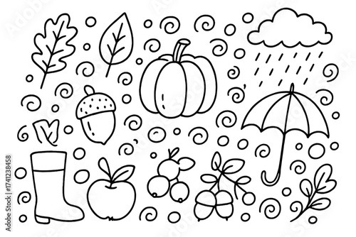 Hand drawn autumn doodle set. Fall season line art collection with cute childish scribbles. Vector cartoon illustration for coloring book. Includes pumpkin, leaf, rain, and umbrella.