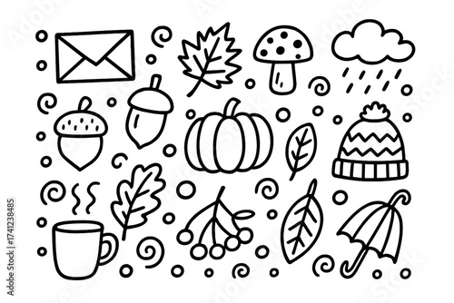 Hand drawn autumn doodle set. Fall season line art collection with cute childish scribbles. Vector icons of pumpkin, leaf, acorn, mushroom, umbrella, hot drink for design.