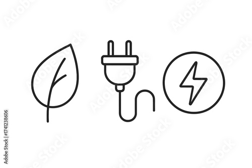 Green energy icon set. Leaf, plug, and electricity symbols. Vector for sustainability, renewable alternative energies, and power saving. Eco-friendly concept illustration.