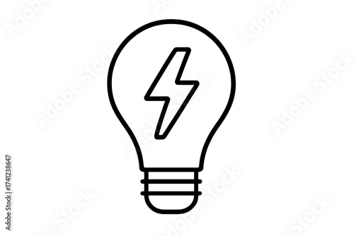 Lightbulb with lightning bolt icon. Concept for energy, electricity, power, and innovation. Vector symbol for brainstorming, creative idea, solution, thinking, genius spark.