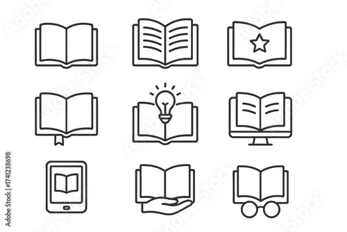Book icon set with thin line style. Reading, education, and learning concepts. Open book, e-book on screen, library sign, knowledge idea lightbulb. Vector symbols for web.