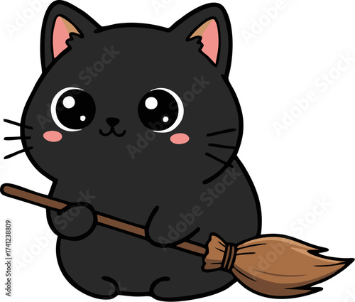Cute Cartoon Black Cat Sitting Holding Broom Halloween Illustration