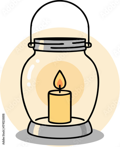 Simple Handdrawn Glowing Candle Inside Lantern Illustration Isolated On White