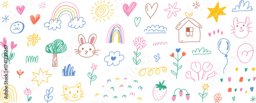 Wallpaper Mural Colorful doodle artwork, hand drawn nature icons, cute cartoon animals, playful garden elements, cheerful sketch pack, flat vector illustration, children design Torontodigital.ca
