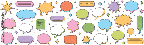 Colorful speech bubbles, playful thought icons, vibrant dialog symbols, creative communication pack, flat vector illustration, white background, cartoon style artwork
