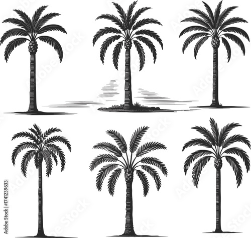 Palm tree silhouette set, tropical nature illustration, black and white botanical sketch, exotic landscape element, hand-drawn island foliage art