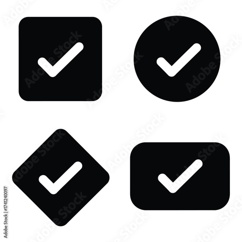 Four black icons with white checkmarks in different shapes square circle diamond rectangle simple symbols silhouette