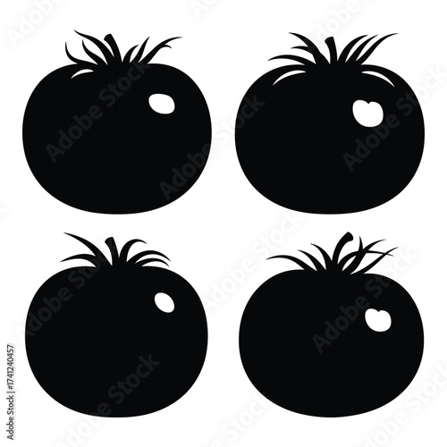 Four silhouetted tomatoes with stems minimalist food icon for produce marketing and healthy eating designs silhouette