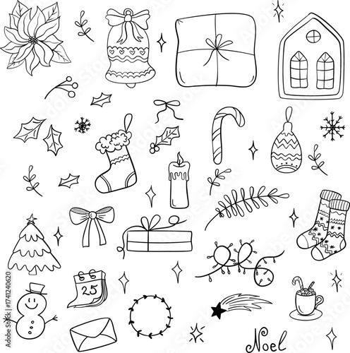 Merry Christmas and happy New Year festive vector collection. Different hand drawn doodle elements, Christmas tree, fireplace, cozy sweater, Winter holidays attributes.