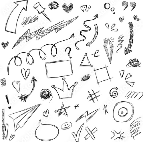 Whimsical doodle collection featuring nature elements homes and celebratory icons