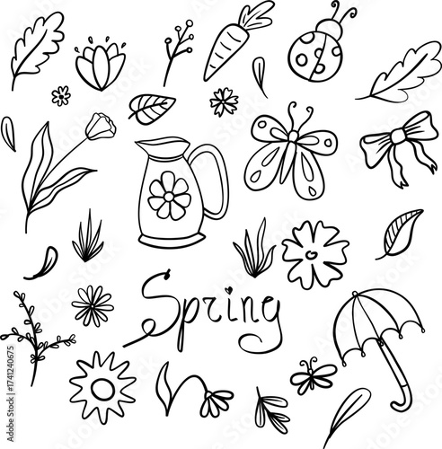 Spring doodle collection: nature and nature elements in black and white