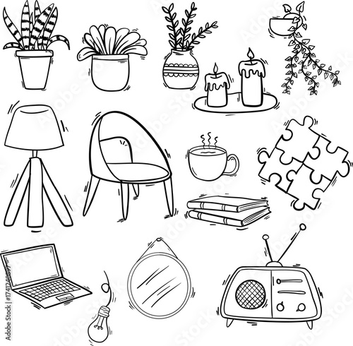 A set of elements is a cozy house. Interior items, dishes. Bed, armchair, furniture, plants. Vector black and white elements drawn by hand. Logo, doodle, sketch, clipart, template, design