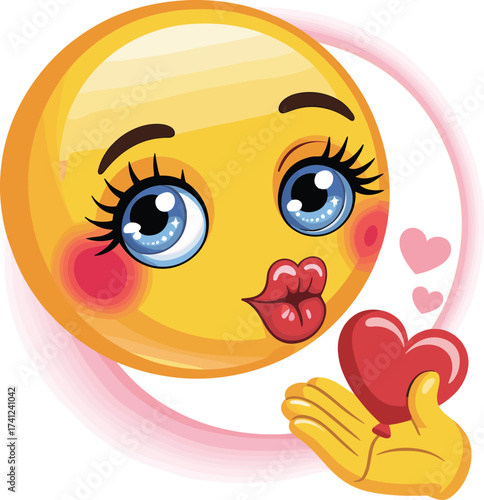 Romantic emoji blowing kiss, expressive cartoon face with heart gesture, sparkling blue eyes, flat vector illustration, love emoticon, affectionate artwork