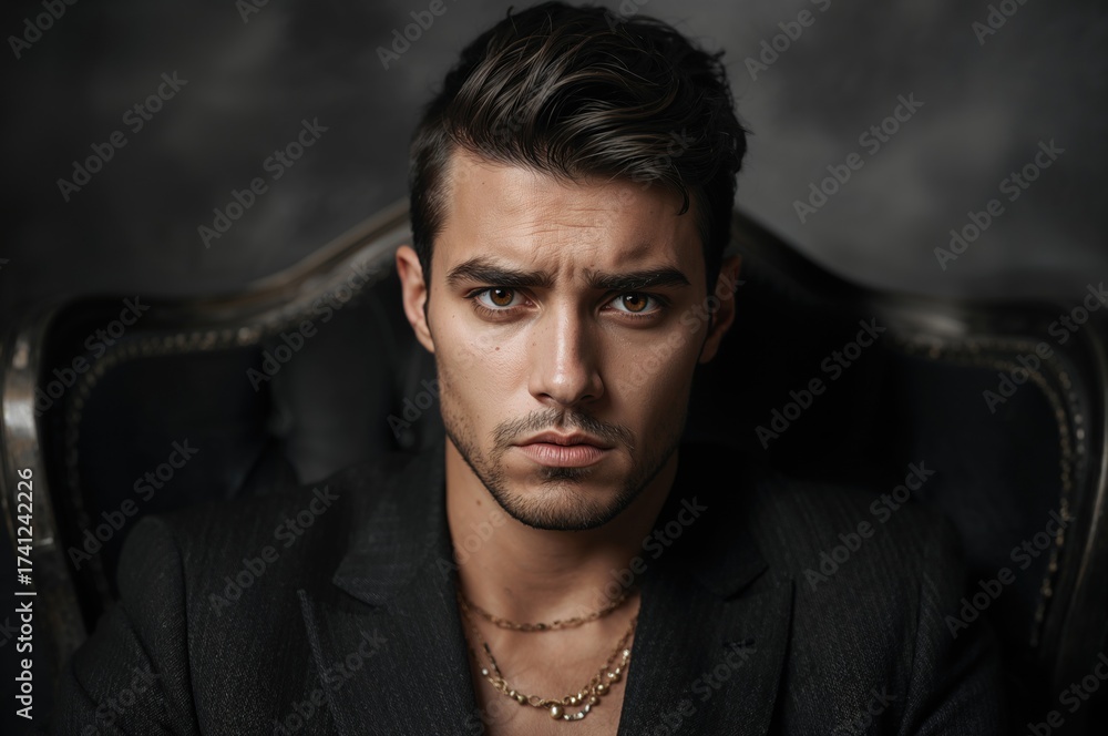 Obraz premium Serious Young Man in Formal Attire Sitting in Armchair with Focused Expression and Blurred Background Highlighting Emotional Depth and Intensity