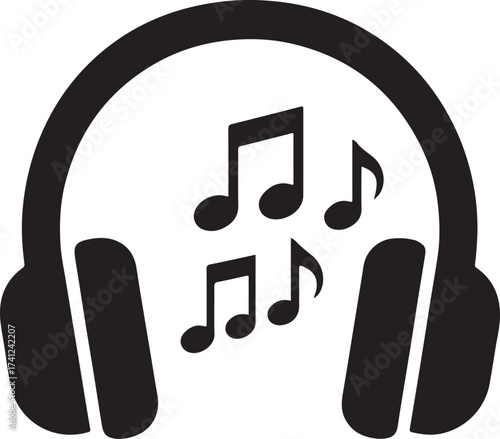 Black silhouette of headphones with musical notes emitting sound waves