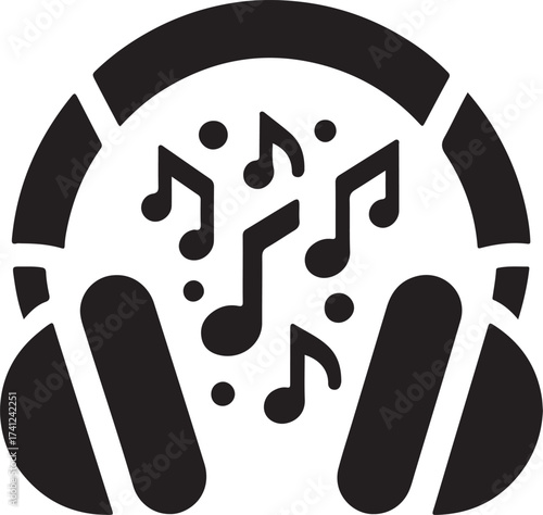 Black silhouette of headphones with musical notes emitting sound waves