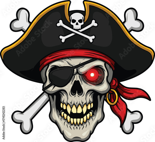 Pirate skull illustration, glowing red eye, eye patch, crossed bones, spooky cartoon, Halloween theme, menacing face, pirate emblem, bandana, earring