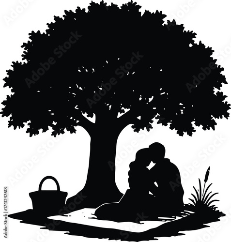 Romantic couple silhouette, picnic under tree, love scene outdoors, black illustration, emotional moment, nature romance, affectionate embrace, peaceful setting