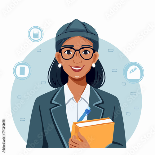 Smiling woman in hijab with notebook and pen