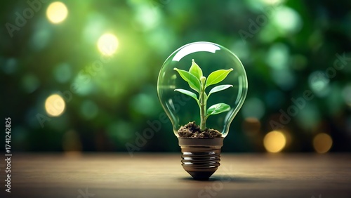 Green plant growing inside a glowing bulb, concept of clean energy and sustainability.