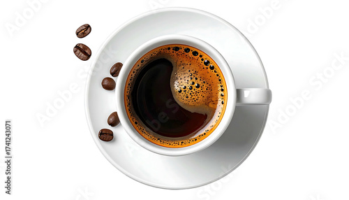 Top down view of a fresh cup of black coffee on a saucer.
