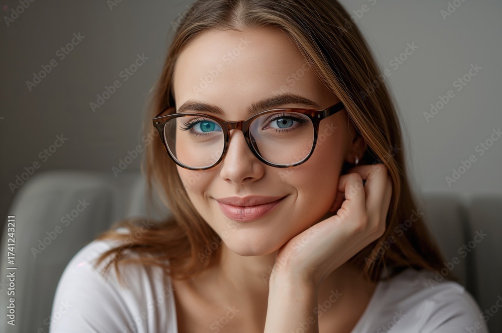 Fototapeta premium Young woman with long hair wearing stylish eyeglasses resting her chin on her hand, displaying a warm smile against a neutral background.