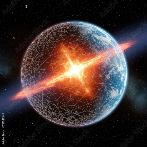 A stylized depiction of a planet being torn apart by a powerful cosmic energy beam, with a wireframe overlay suggesting a digital or simulated reality.