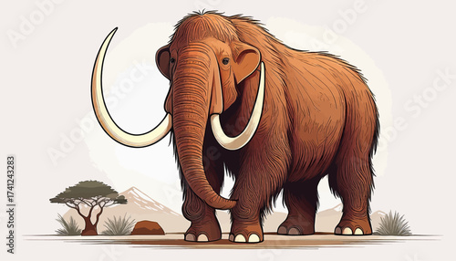 A majestic woolly mammoth with long, shaggy brown fur and large curved tusks stands in a prehistoric landscape.