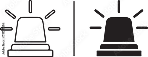 Vector art of emergency light icon in black and white, illustrating a flashing beacon for urgent situations, symbol of warning, alert, and emergency response on